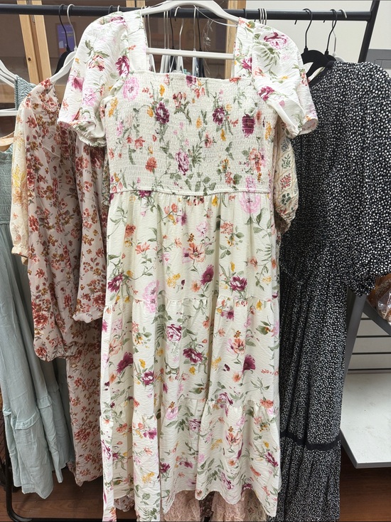 August Sky Dresses & Skirts - Cream Floral Smocked Midi Dress with Puff Sleeves